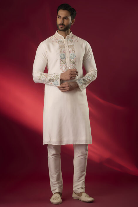 Off-White Tussar Hand & Machine Embroidered Kurta Set