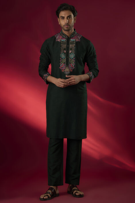 Emerald Green Tussar Hand & Machine Embroidered Kurta Set