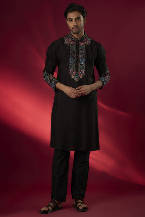 Black Tussar Hand & Machine Embroidered Kurta Set