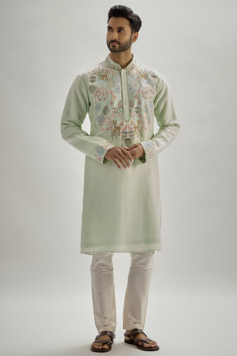 Mint Tussar Hand & Machine Embroidered Kurta Set
