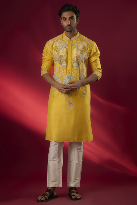Yellow Tussar Hand & Machine Embroidered Kurta Set