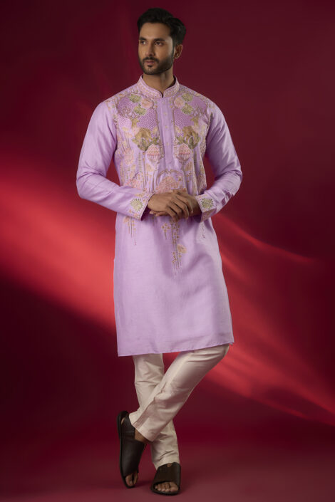 Lilac Tussar Hand & Machine Embroidered Kurta Set