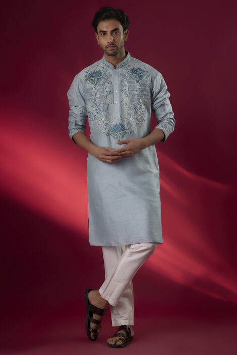 Powder Blue Tussar Hand & Machine Embroidered Kurta Set