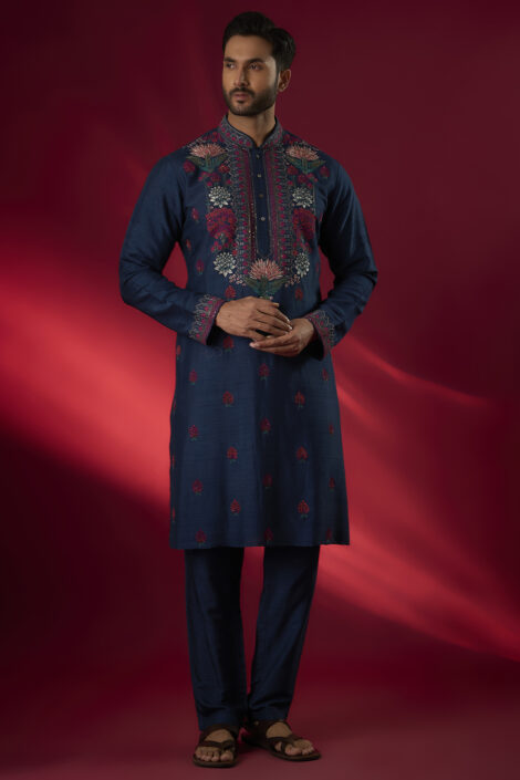 Teal Tussar Hand & Machine Embroidered Kurta Set