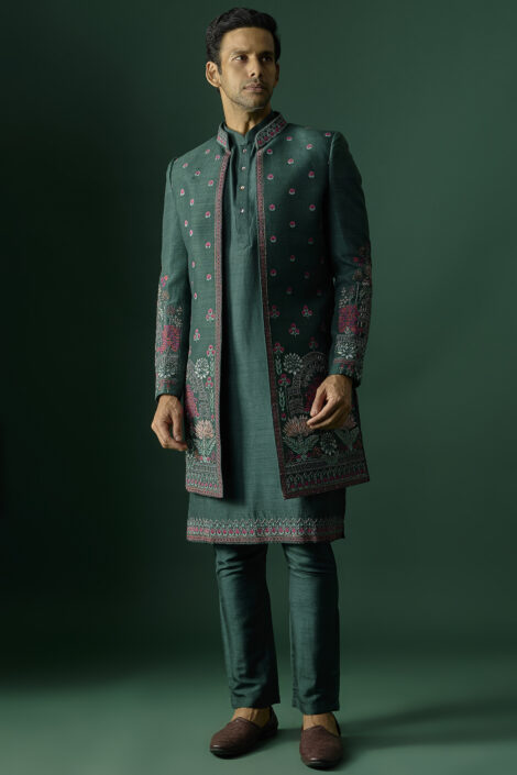 Emerald Green Silk Indowestern Set