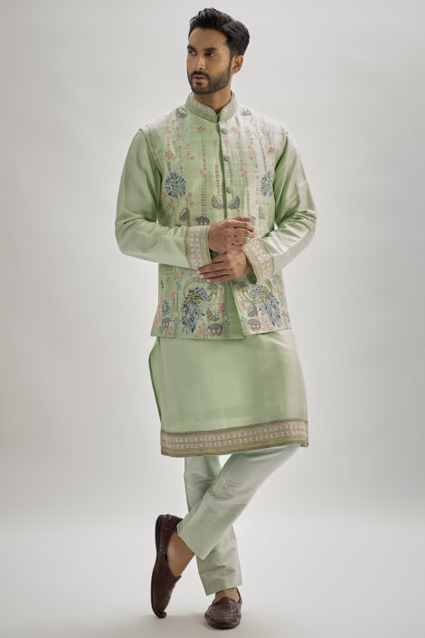 Mint Raw Silk Resham Embroidered Bundi Jacket Set
