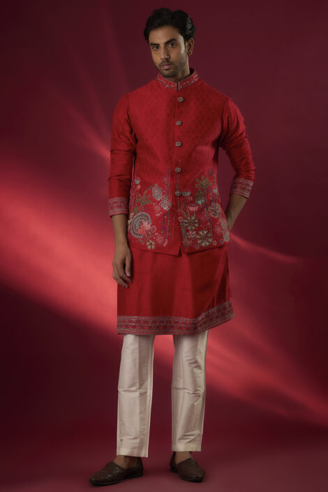 Red Raw Silk Hand & Machine Embroidered Bundi Jacket Set