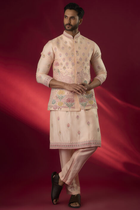 Peach Raw Silk Hand & Machine Embroidered Bundi Jacket Set