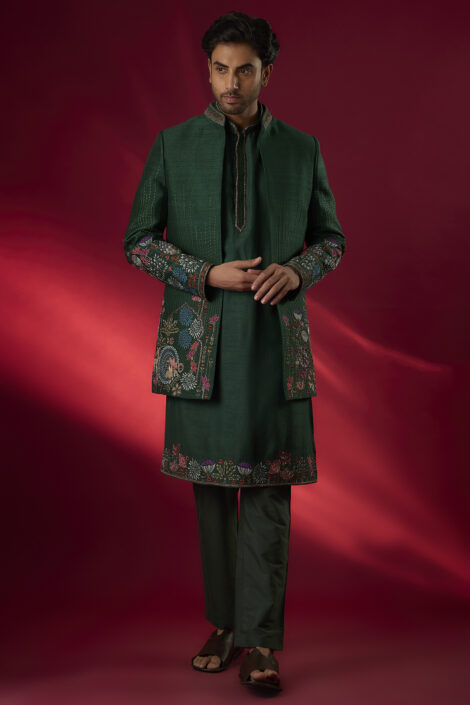 Emerald Green Raw Silk Hand Embroidered Indowestern Set