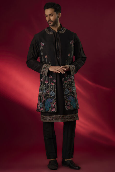 Black Raw Silk Hand & Machine Embroidered Indowestern Set