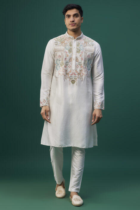 Ivory Tussar Resham Hand & Machine Embroidered Kurta Set