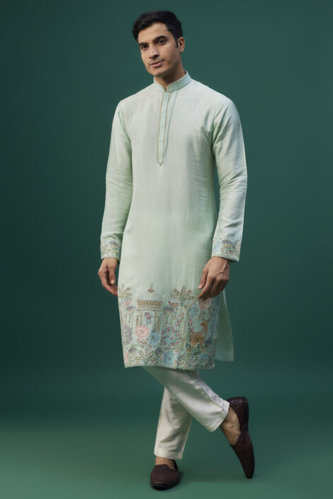 Mint Tussar Resham Hand & Machine Embroidered Kurta Set