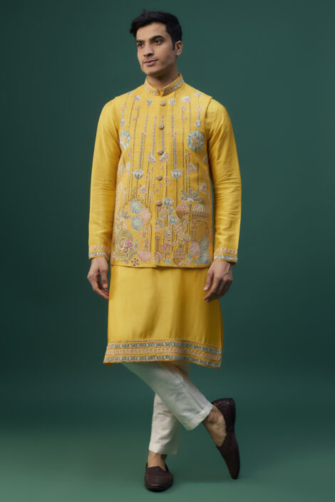 Yellow Raw Silk Resham Hand & Machine Embroidered Bundi Jacket Set