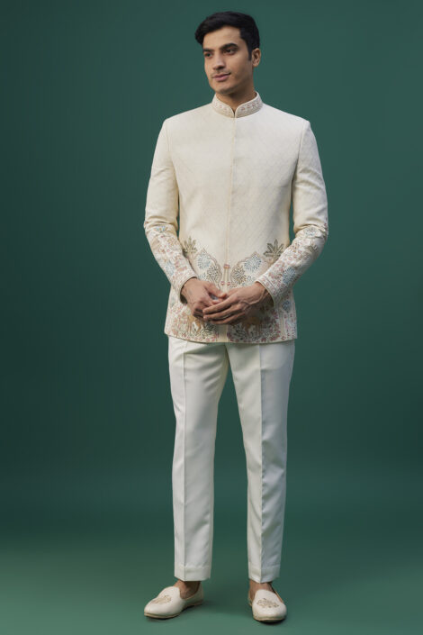 Off-White Raw Silk Resham Hand & Machine Embroidered Bandhgala Set