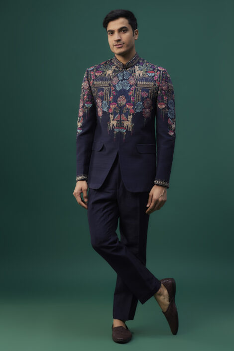Navy Blue Raw Silk Resham Hand & Machine Embroidered Bandhgala Set