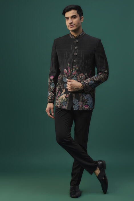 Black Raw Silk Resham Hand & Machine Embroidered Bandhgala Set