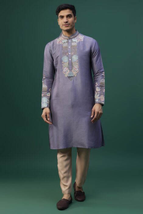 Grey Tussar Resham Hand & Machine Embroidered Kurta Set