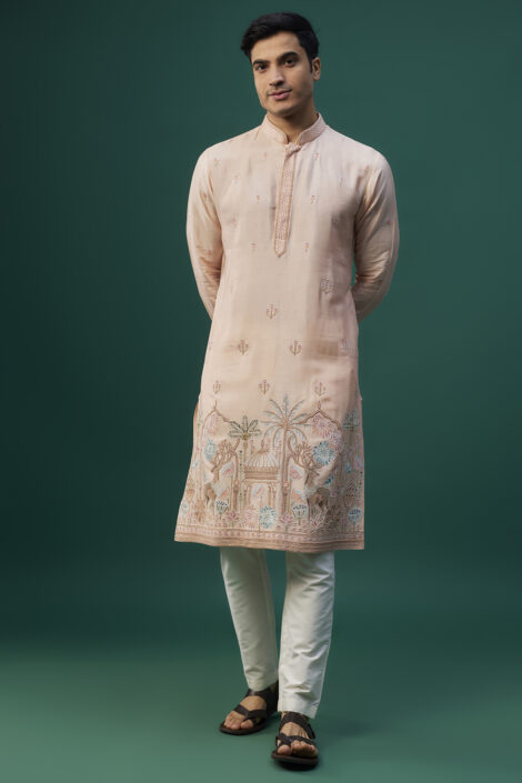 Peach Tussar Resham Hand & Machine Embroidered Kurta Set