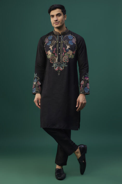 Black Tussar Resham Hand & Machine Embroidered Kurta Set