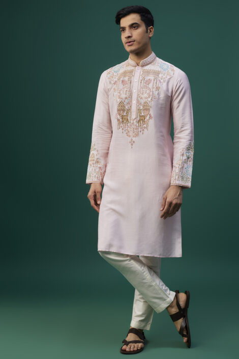 Baby Pink Tussar Resham Hand & Machine Embroidered Kurta Set