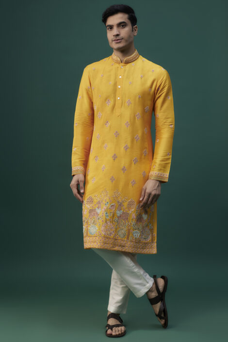 Yellow Tussar Resham Hand & Machine Embroidered Kurta Set