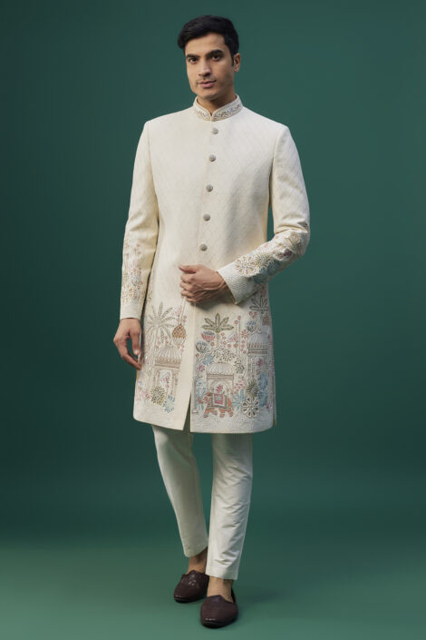 Ivory Raw Silk Resham Hand & Machine Embroidered Sherwani Set