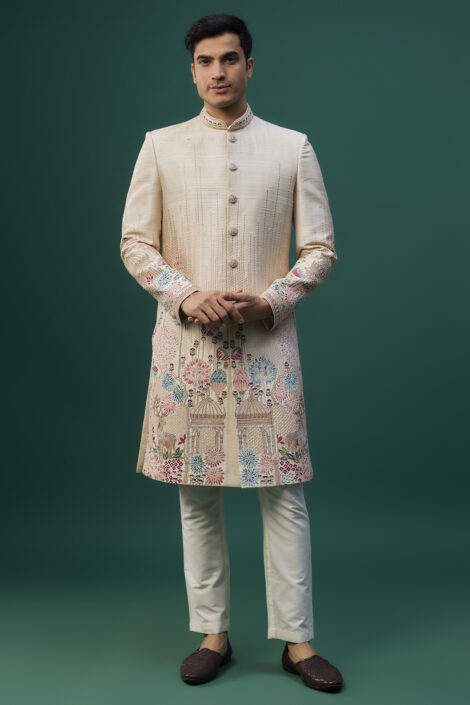 Beige Raw Silk Resham Hand & Machine Embroidered Sherwani Set