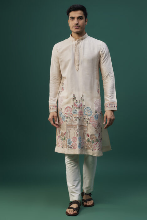 Beige Tussar Resham Hand & Machine Embroidered Kurta Set