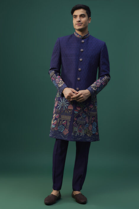 Navy Blue Raw Silk Resham Hand & Machine Embroidered Indowestern Set