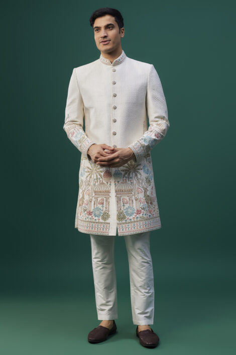 Ivory Raw Silk Resham Hand & Machine Embroidered Sherwani Set