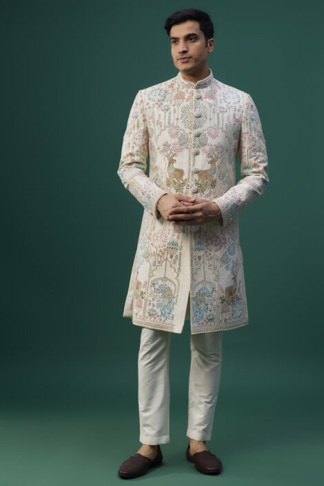 Ivory Raw Silk Resham Hand & Machine Embroidered Sherwani Set