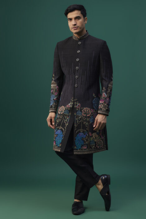 Black Raw Silk Resham Hand & Machine Embroidered Indowestern Set