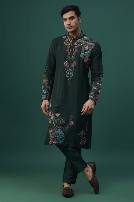 Emerald Green Tussar Resham Hand & Machine Embroidered Kurta Set
