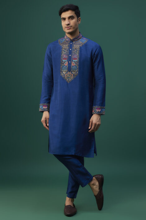 Indigo Tussar Resham Hand & Machine Embroidered Kurta Set
