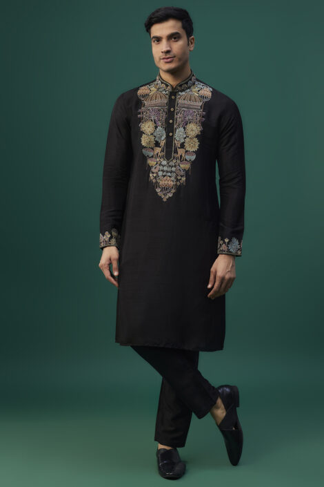 Black Tussar Resham Hand & Machine Embroidered Kurta Set