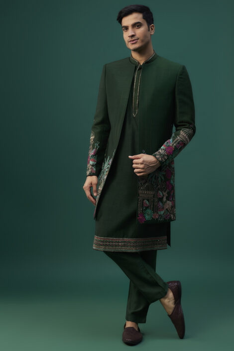 Emerald Green Raw Silk Resham Hand & Machine Embroidered Indowestern Set