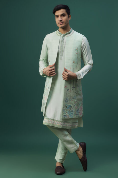 Mint Raw Silk Resham Hand & Machine Embroidered Indowestern Set