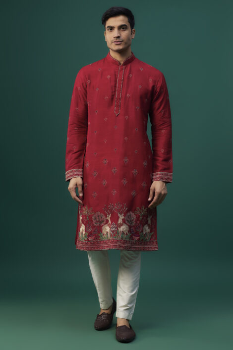 Red Tussar Resham Hand & Machine Embroidered Kurta Set