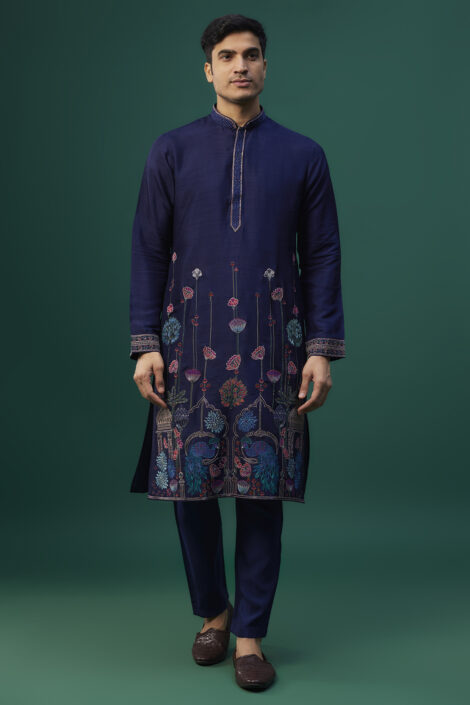 Navy Blue Tussar Resham Hand & Machine Embroidered Kurta Set