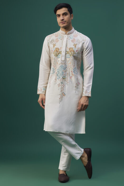Ivory Tussar Resham Hand & Machine Embroidered Kurta Set