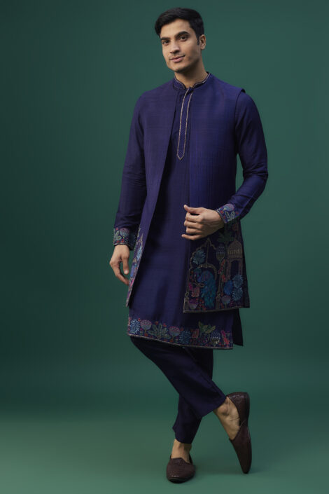Navy Blue Raw Silk Resham Hand & Machine Embroidered Indowestern Set