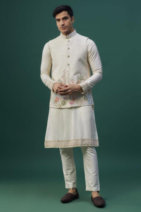 Ivory Raw Silk Resham Hand & Machine Embroidered Bundi Jacket Set