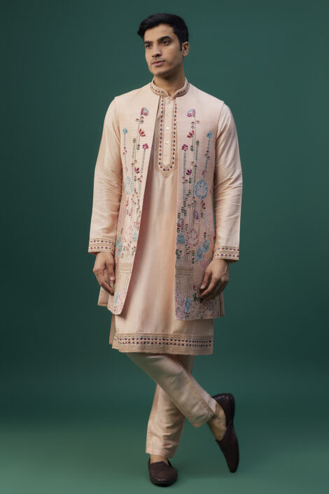 Peach Raw Silk Resham Hand & Machine Embroidered Indowestern Set