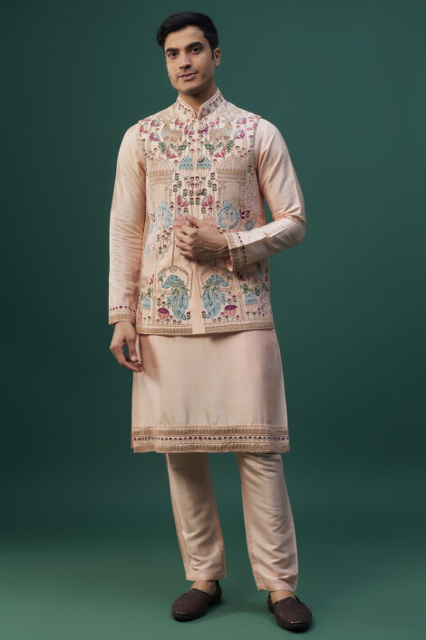Peach Raw Silk Resham Hand & Machine Embroidered Bundi Jacket Set