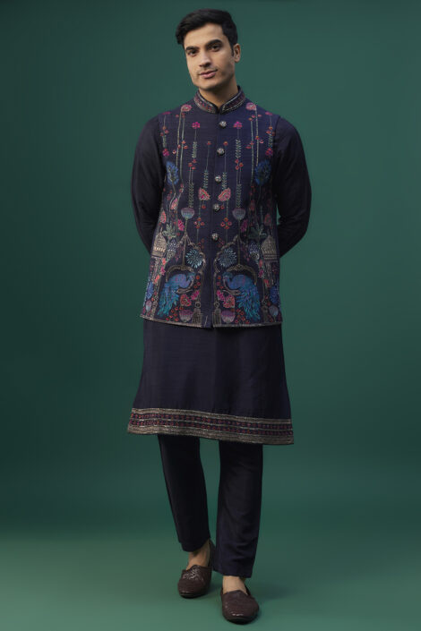 Navy Blue Raw Silk Resham Hand & Machine Embroidered Bundi Jacket Set