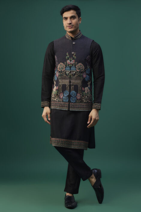 Black Raw Silk Resham Hand & Machine Embroidered Bundi Jacket Set