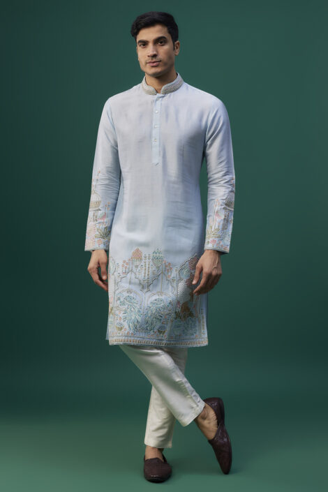 Powder Blue Tussar Resham Hand & Machine Embroidered Kurta Set