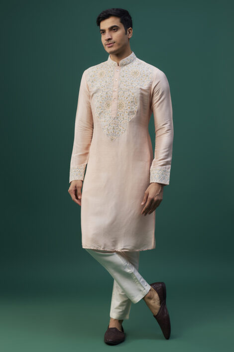 Peach Tussar Resham Hand & Machine Embroidered Kurta Set