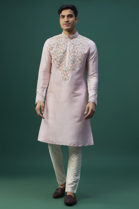 Baby Pink Tussar Resham Hand & Machine Embroidered Kurta Set