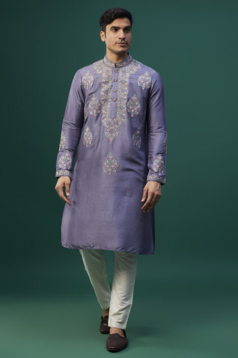 Grey Tussar Resham Hand & Machine Embroidered Kurta Set